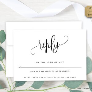 Modèle de carte-réponse modifiable script calligraphie, carte RSVP noir et blanc minimaliste, téléchargement immédiat, modèle CORJL 916