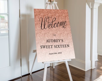 Editable Rose Gold Glitter Fancy Script "Welcome" Sign, ANY EVENT, 3 Sizes, Self-Edit Text, Instant Download, Corjl Template  #1435