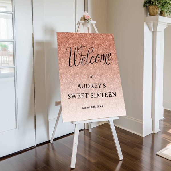 Editable Rose Gold Glitter Fancy Script "Welcome" Sign, ANY EVENT, 3 Sizes, Self-Edit Text, Instant Download, Corjl Template  #1435