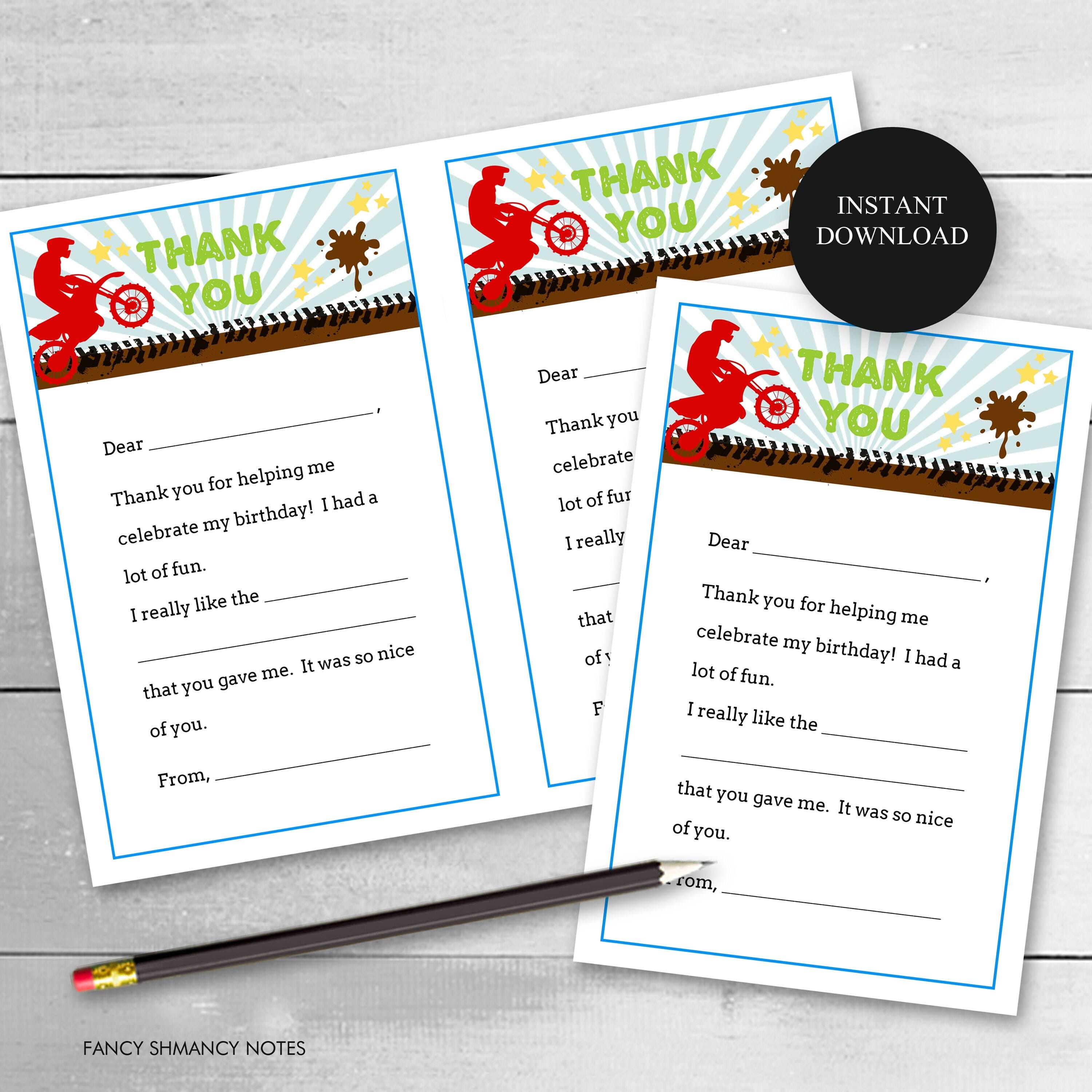 Printable Motocross Dirt Bike BMX Fill in the Blank Thank You Notes ...