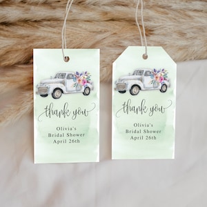 Etiquetas de favor colgantes editables de camión de flores, mensaje personalizado, acuarela verde, texto de autoedición Descarga instantánea Plantilla CORJL #035