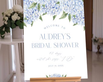 Blue Hydrangea Bridal Shower Welcome Sign, Dusty Blue Flower Bloom Border, 3 sizes, Self-Edit, Instant Download, Corjl Editable Template 428