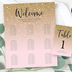 Gold Glitter Fade Editable Seating Chart Sign & Cards, Edit Color, Add Remove Tables, Instant Download, Corjl Template #095