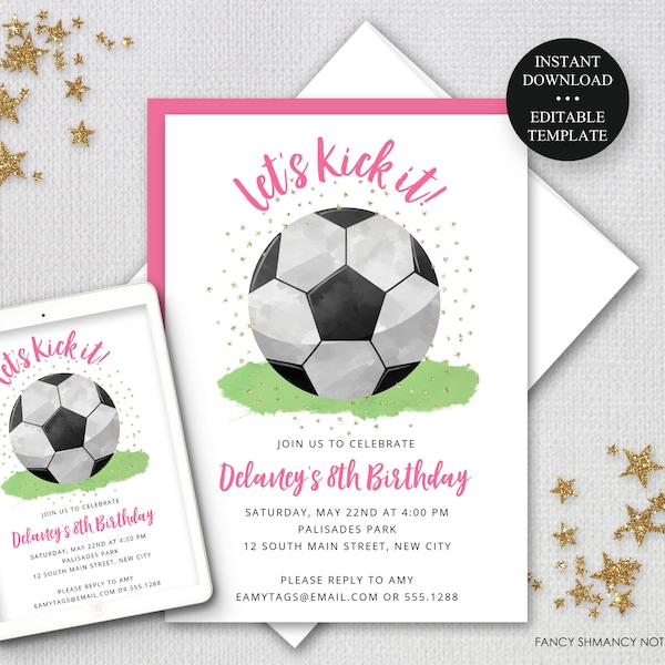 Soccer Ball Let's Kick It Editable Birthday Invitation Kids Teen Tween Girl Invite ANY AGE Print or Text Instant Download Corjl Template-014