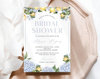 Invitación editable para despedida de soltera con hortensias azules y limones / Flores azules / Editar texto en línea / Descarga digital, Plantilla editable 433