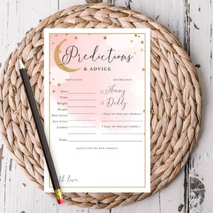 Carte de prédictions et de conseils pour bébé rose sur la lune, activité de baby shower, motif lune et étoiles scintillants dorés, téléchargement numérique instantané 703