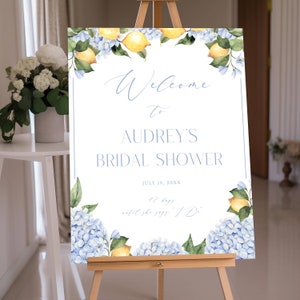 Letrero de bienvenida para despedida de soltera con hortensias azules y limones, flores y limones, 3 tamaños, autoeditable, descarga instantánea, plantilla editable en Corjl 433