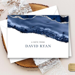 Blue Agate Editable Thank You Folded Note Card, Navy and Silver Geode Rock, Personalized Stationery, CORJL Template Instant Download 151
