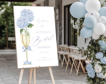 Bridal Shower Welcome Sign, Blue Hydrangea Floral, Champagne Theme, Corjl Editable Template 428