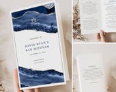 Bar Mitzvah Folded Program Template, Blue Agate with Silver Accents, Corjl Editable Template 151