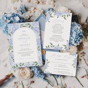 Set di modelli di inviti per matrimonio classici con ortensia blu / Invito, dettagli e biglietto RSVP / Design floreale blu / Modello modificabile 428