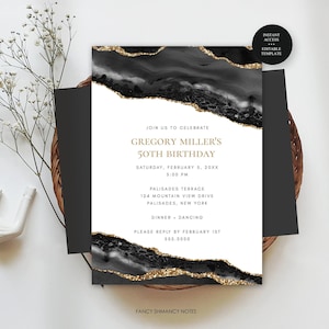 Black Gold Agate Birthday Invitation, Self-Edit Any Age/Event-Adult Teen Masculine, Print/Text-Instant Download-Corjl Editable Template 337