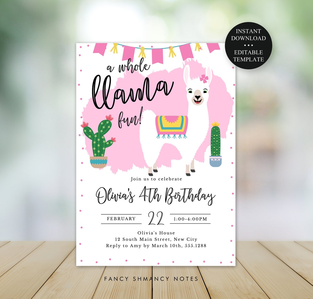 Llama Birthday Party Invitation, A Whole Llama Fun-edit Yourself 5x7 ...