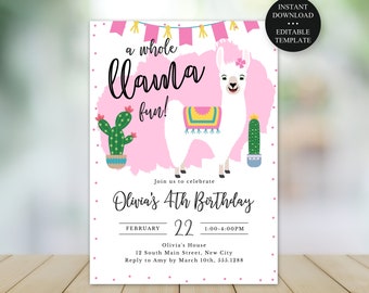 Llama Birthday Party Invitation, A Whole Llama Fun-Edit Yourself 5x7" & 4x6", Print/Text, Instant Download Corjl Editable Template #057