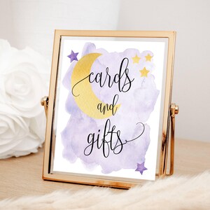 Purple Over the Moon, Cards and Gifts Baby Shower Sign, Purple Moon and Stars Theme, 8x10&quot;, Instant Digital Download, Printable File #721
