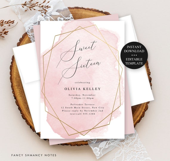 Editable Sweet 16 Birthday Party Invitation Pink Watercolor Gold Geo Frame Print/Text Digital Invitation, Instant Download, jpeg/pdf #010 Il_570xn