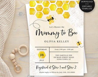 Mommy to Bee Baby Shower Invitation, Watercolor Honey Bee, Editable Template 033
