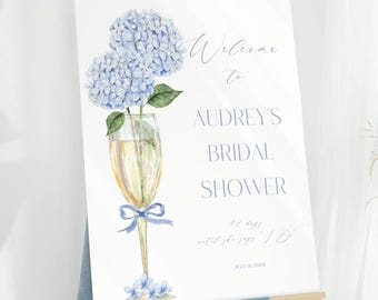 Bridal Shower Welcome Sign, Blue Hydrangea Floral, Champagne Theme, Corjl Editable Template 428