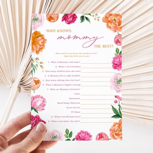 Rosa Pfingstrose Babyparty Spielkarte | Wer kennt Mama die Beste | Helle rosa orange Blumen Babyparty Aktivität | Sofortiger digitaler Download 119