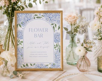 Letrero de bar con diseño de flores, arco de hortensias azules, descarga digital instantánea 428