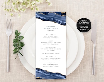 Blue Agate Dinner Menu Template, Gold Accents, CORJL Template -137