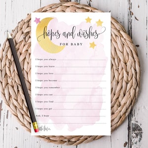 Rosa sobre la luna, tarjetas de consejos de deseos y esperanzas de bebé, archivos imprimibles de luna y estrellas de acuarela rosa de baby shower, descarga instantánea #721
