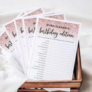 Birthday Party Games for Her, Pink Glitter Confetti, Word Scramble Birthday Edition with Answers,  Printable File Instant Download-133
