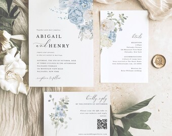 Blue Floral Wedding Invitation Suite, Editable Templates 204