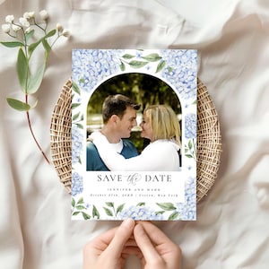 Blue Hydrangea Arch Save the Date Photo Announcement | Edit Text Online | Blue Floral Arched Frame | Digital Download, Editable Template 428