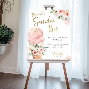 Sundae Bar Editable Template, Pink Flowers and Ice Cream Cone, Bridal ...