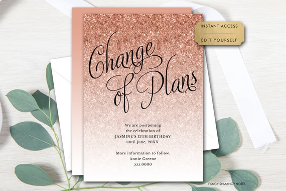 Change of Plans, Rose Gold Glitter Fancy Script Editable Invitation Template, Print or Text, Instant Digital Download, #1435 Il_570xn