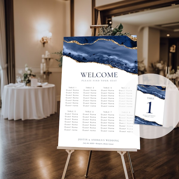Navy Blue and Gold Agate Editable Seating Chart Sign & Table Number Cards, Multiple Sizes, Self-Edit, Instant Download, Corjl Template -137