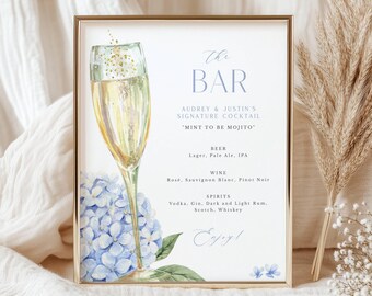 Blue Hydrangea 8x10" Editable Bar Menu, Gold Tilted Champagne Glass and Blue Flowers Design for Wedding or Any Party | Editable Template 428