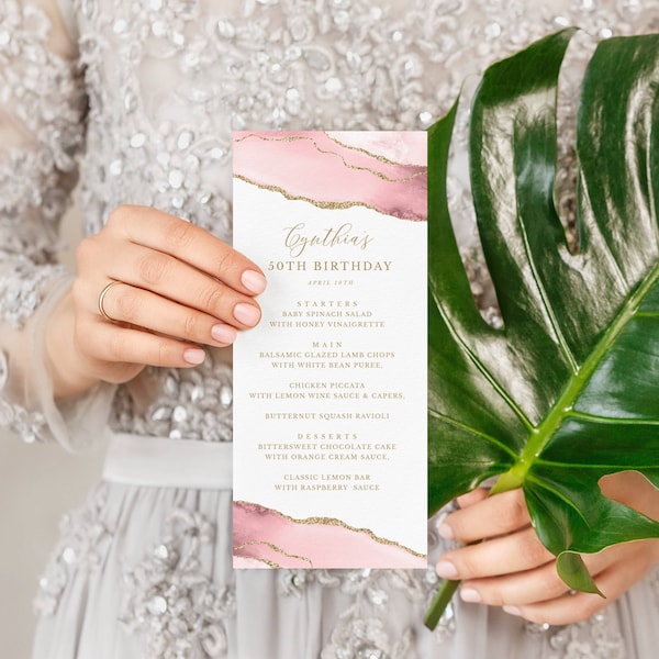 Menu du dîner modifiable, touches d'or agate rose blush, texte de modification pour anniversaire de mariage, téléchargement immédiat, modèle CORJL166