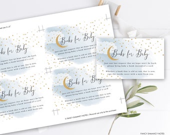 Books for Baby Insert Card, Over the Moon, Blue, Gold Glitter Moon and Stars, Baby Shower Bring a Book, Printable Instant Download, 703