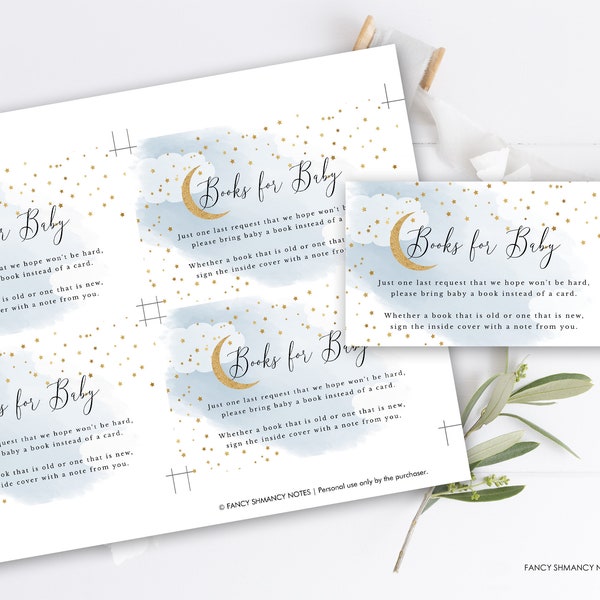 Books for Baby Insert Card, Over the Moon, Blue, Gold Glitter Moon and Stars, Baby Shower Bring a Book, Printable Instant Download, 703