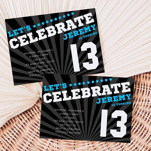 Invitación de cumpleaños editable con letras deportivas, personalizable para cualquier edad y color, para niño, adolescente y adulto, para imprimir o descargar texto al instante, plantilla Corjl (1999)