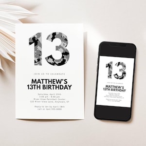13th Birthday Invitation Template, Grey Camo Teen Boy | Edit Yourself-ANY AGE | 5x7&quot; & 4x6&quot; | Digital Download, Editable Template, #080