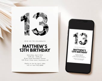 グレーカモフラージュ柄のティーンボーイ向け誕生日招待状テンプレート（5x7インチ＆4x6インチ）、編集可能なテンプレート #080