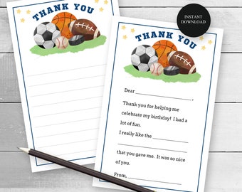 Printable Sports Theme Kids Thank You Notes, Lined or Fill in The Blank Style, Print at Home Boys Stationery Sheets, Instant Download #015