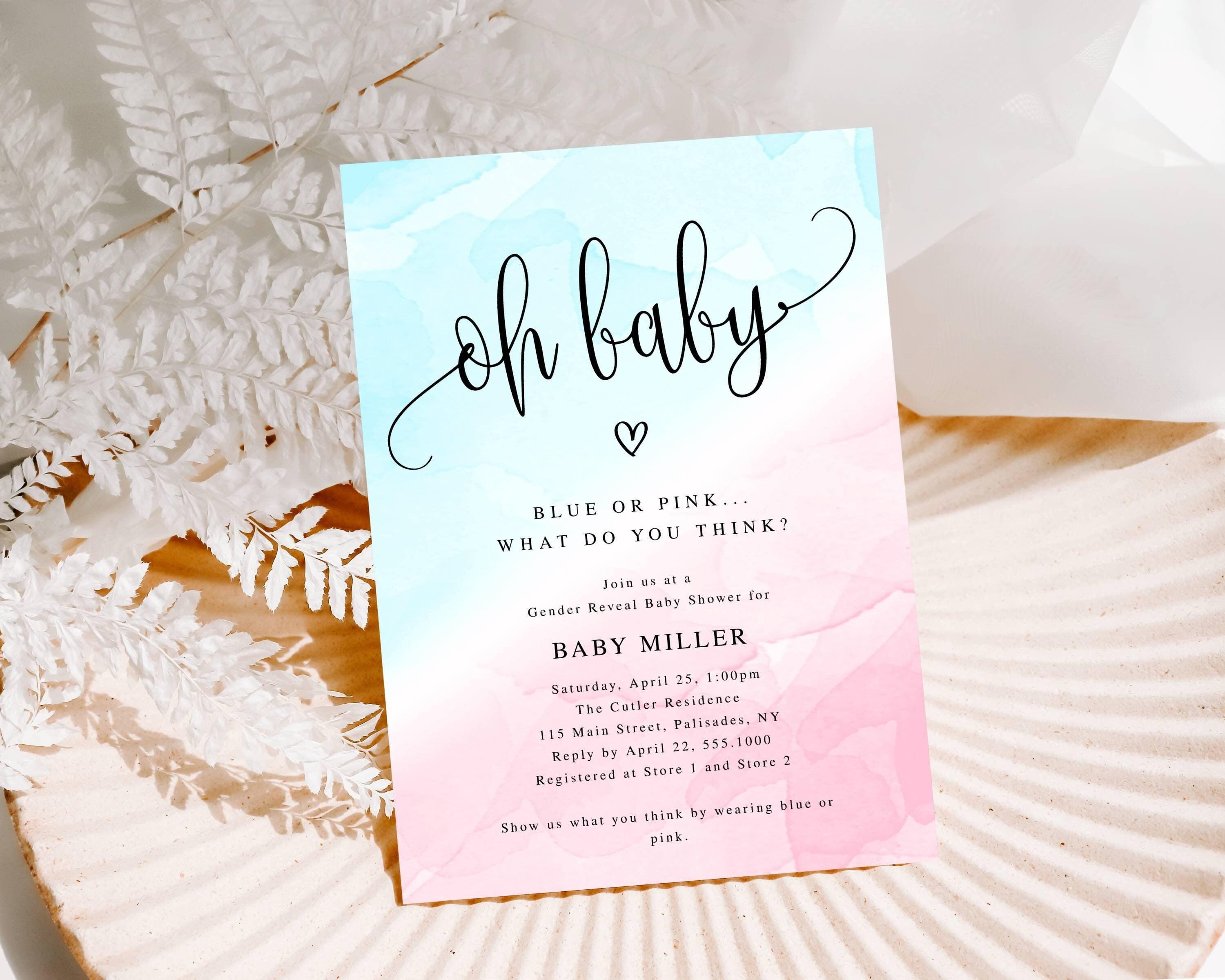 Gender Reveal Baby Shower Editable Invitation, Oh Baby Calligraphy Script Blue & Pink, Instant Download, Print or Text, CORJL Template #1233