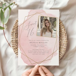 Editable Pink Sweet 16 Birthday Party Photo Invitation Template | Gold Frame | Any Age or Event | Edit Online, Digital Download 010