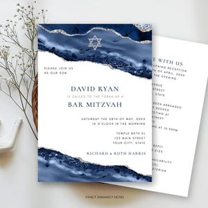 Bar Mitzvah All in One Editable Invitation | Blue Silver Agate Star of David Design | Double Sided 5x7 Invite | Editable Template 151 image 4