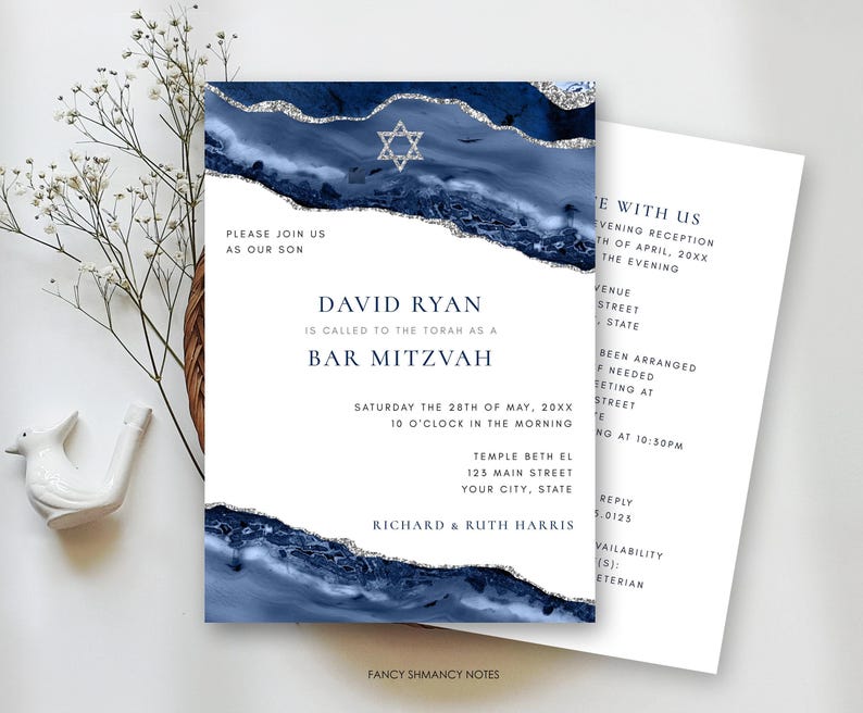 Bar Mitzvah All in One Editable Invitation | Blue Silver Agate Star of David Design | Double Sided 5x7 Invite | Editable Template 151 image 4