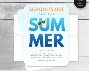 School's Out for the Summer Editable Invitation Blue Ombre & Sunglasses Kids Teen Print or Text Instant Download Corjl Template-069