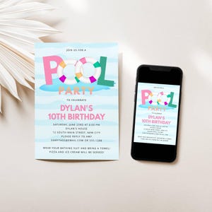 Pool Party Invitation, Edit Yourself Online, Summer Party, Digital Download-Print or Text, Editable Template 070