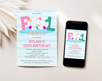 Invito per festa in piscina, modificabile online, festa estiva, download digitale - stampa o testo, modello modificabile 070