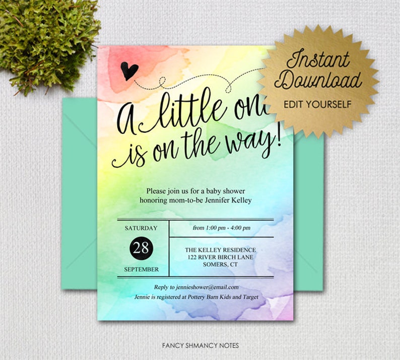 Editable Rainbow Baby Shower Invitation Fancy Script Gender Etsy