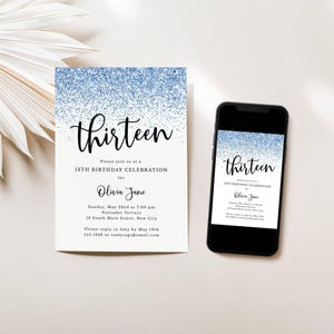 Blue Glitter 13th Birthday Party Invitation Template, Self-Edit ANY AGE, Print or Text, Digital Download, Editable Template-134