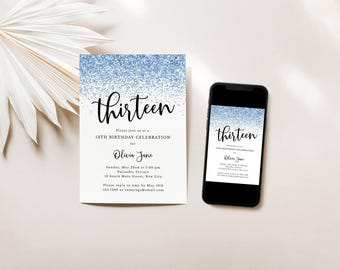 Blue Glitter 13th Birthday Party Invitation Template, Self-Edit ANY AGE, Print or Text, Digital Download, Editable Template-134
